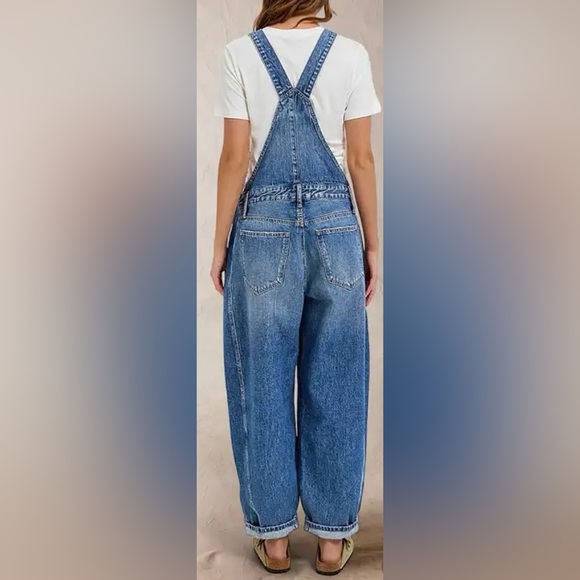 Flamingals Wash Button Side Mid Waist Barrel Leg Overalls NWT - Picture 2 of 9